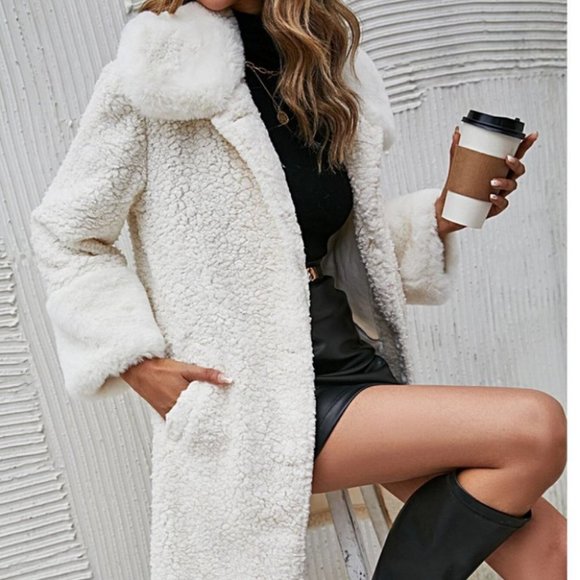 plush button up faux fur teddy coat chic elegant classy white - Picture 3 of 6